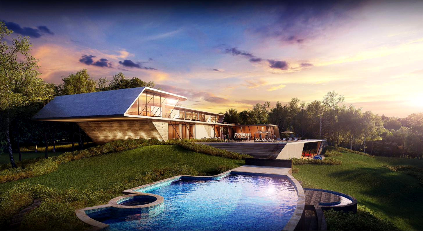 Completed Roman James residence, glass pavilion and lawn seen across the reflecting pool