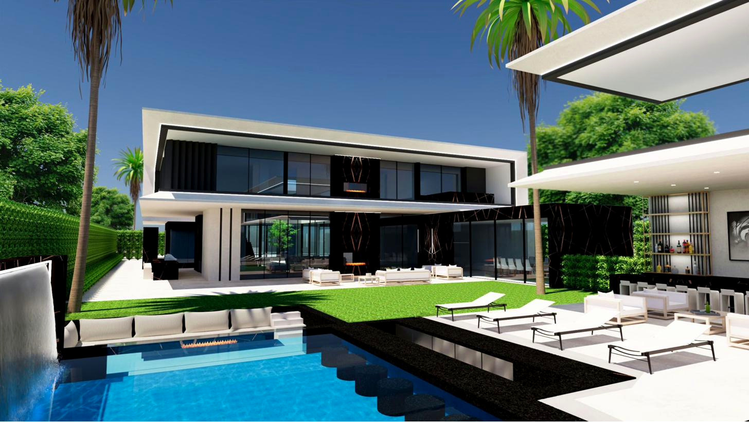 Glass pavilion and lawn at a modern residence