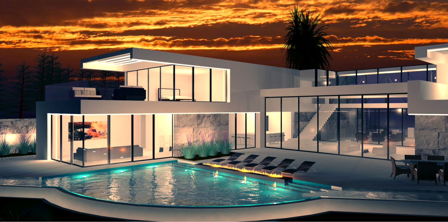 Terrace and pool overlooking the hills at sunset
