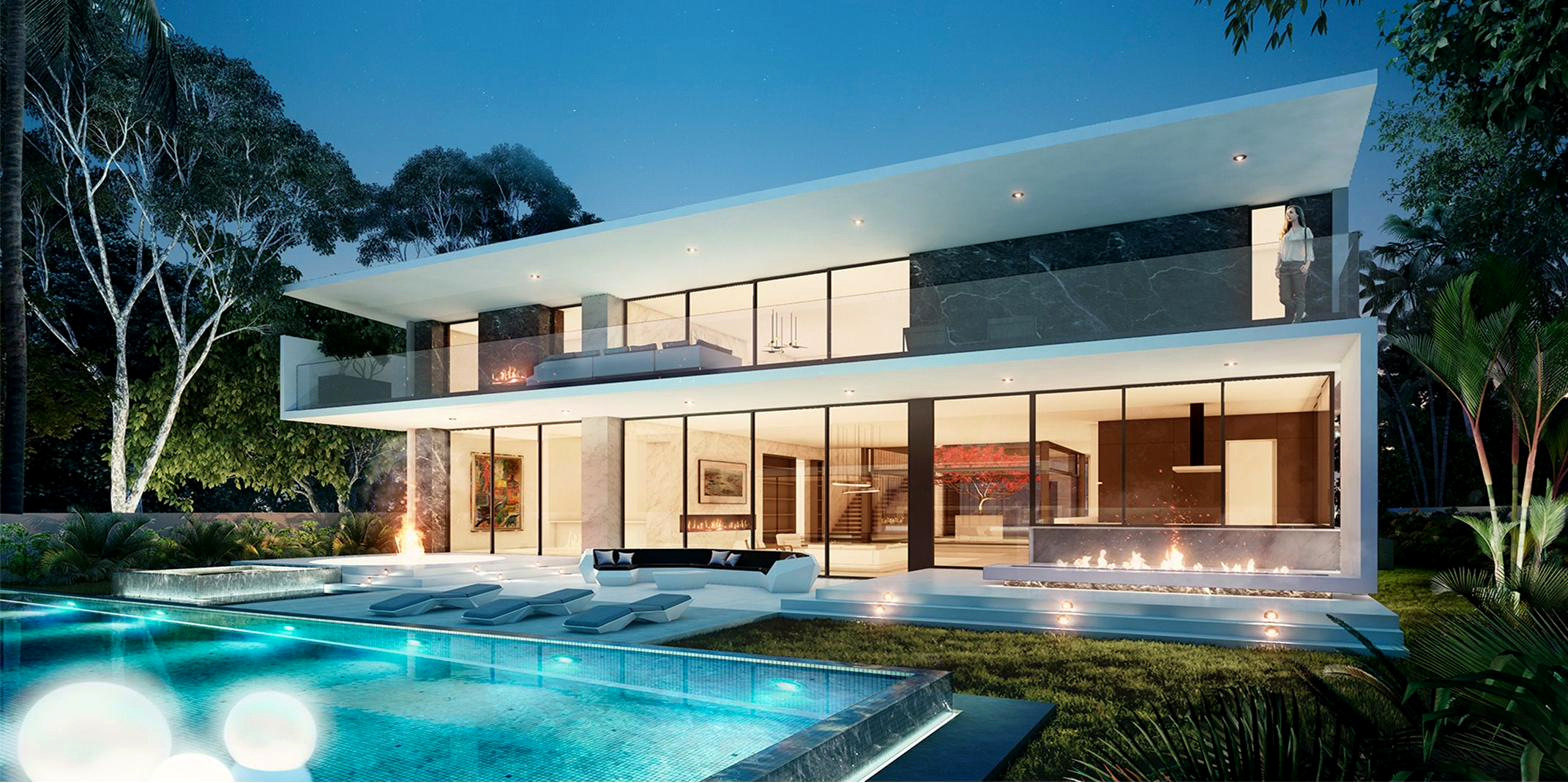 Swimming pool alongside a full height glass elevation