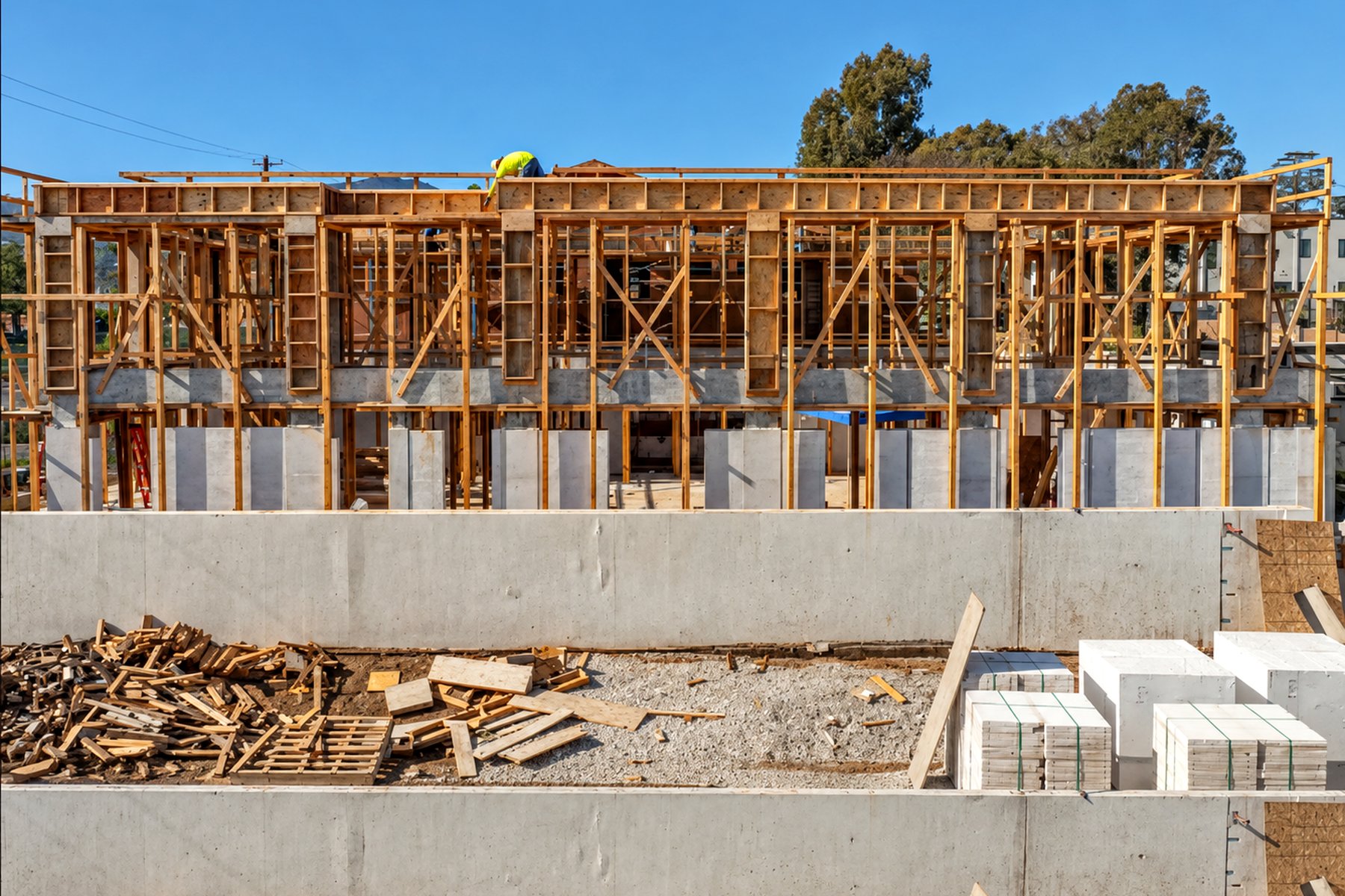 Timber formwork and shoring around poured concrete and block walls